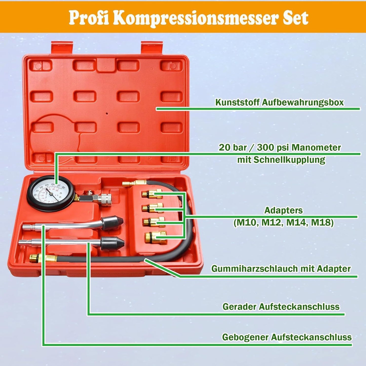 Kompressionstester Satz Verbrennungsmotor Ottomotor 0-20 Bar