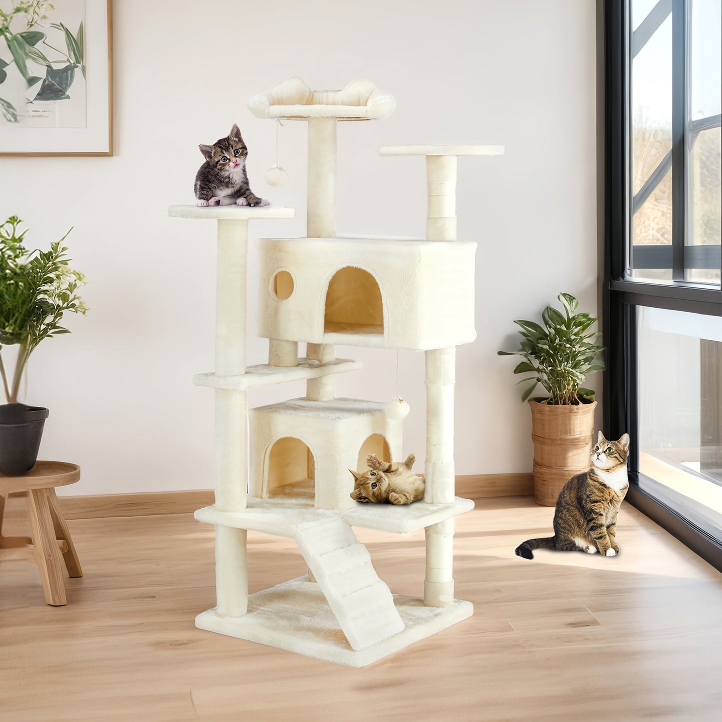 Multifunktions Katzenbaum mit Kratzbaum, Lounge- und Spielbereich, abnehmbares Spielzeug, 137 cm, Dunkelblau