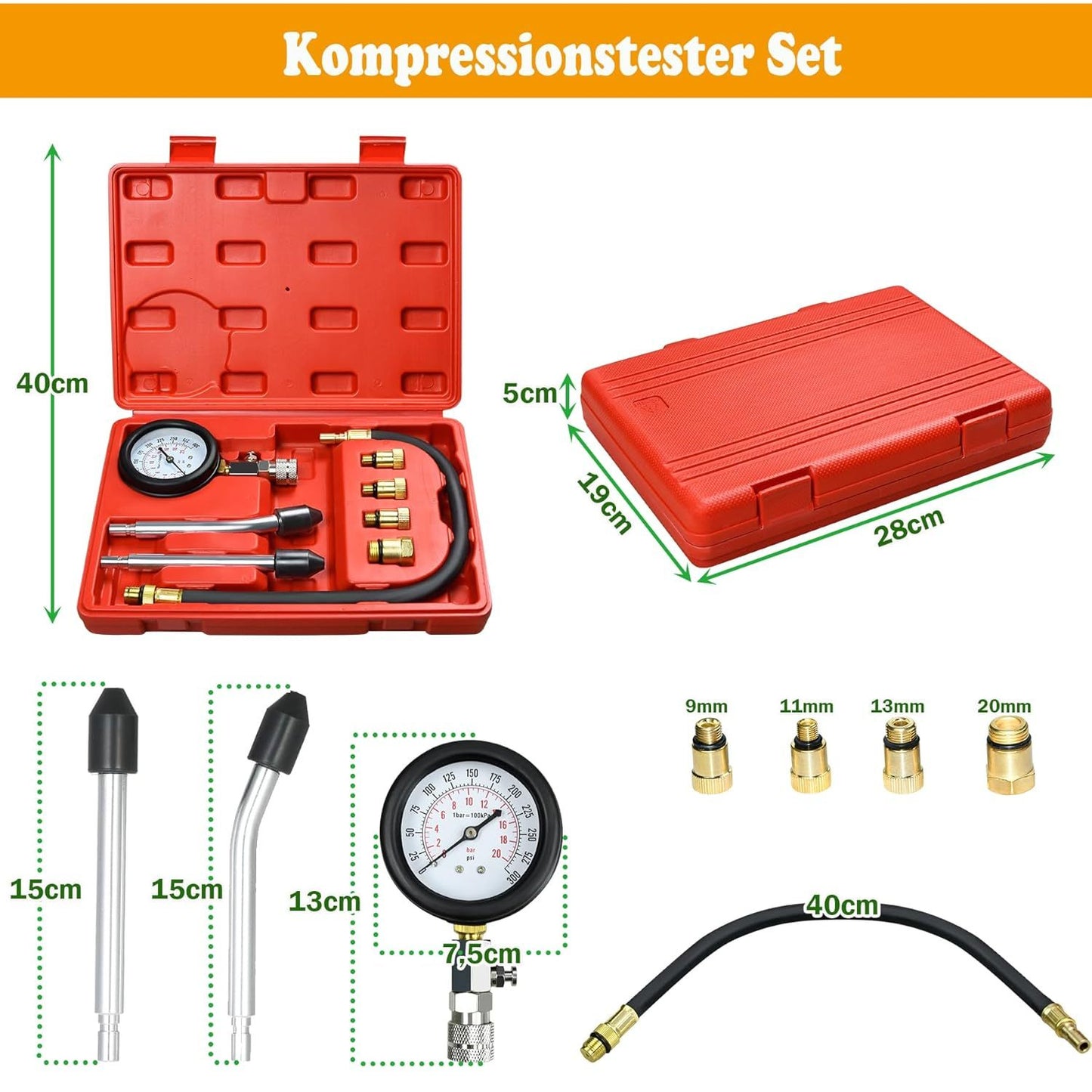 Kompressionstester Satz Verbrennungsmotor Ottomotor 0-20 Bar